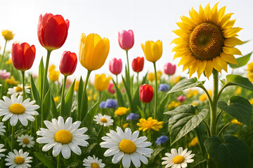 Obraz premium Blossom Symphony: A vibrant floral display bursts with color and life, featuring an array of tulips, daisies, and a majestic sunflower, creating a harmonious and cheerful atmosphere.