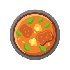Bowl of soup with meat and basil illustration vector
