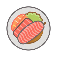 Stylized sushi assortment on plate, cartoon style illustration