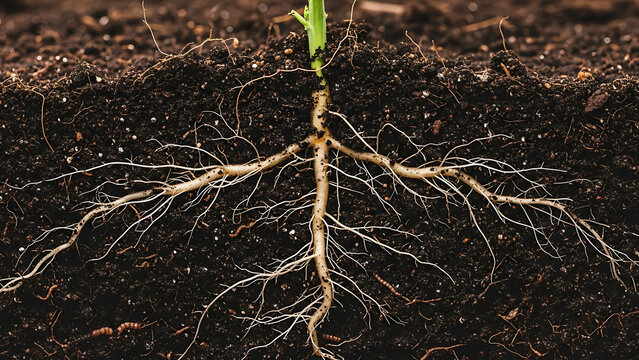 Root structure of a plant emerging from dark soil showcasing complex network of roots in a close-up view. Root system supports healthy growth and development of plants in soil environments.