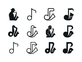 Jazz Saxophone Logo Set. A jazz musician playing a saxophone in
