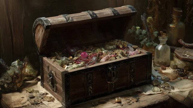 Open wooden treasure chest filled with gold coins and various gems, realistic style, placed on rustic wooden table, concept of hidden treasure discovery