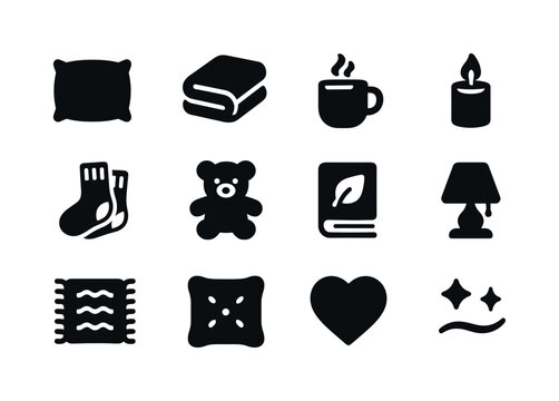 Cozy Comfort Icons. Comfort items. Solid icon set of comfort ite