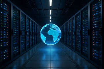 Glowing digital globe between server racks in a modern data center with lights, illustrating global data storage and network technology concept. Ai generative