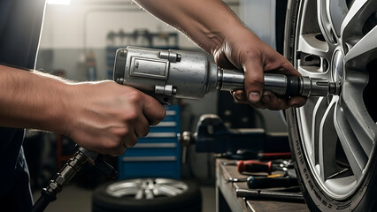 Obraz premium Car repair with mechanic using pneumatic wrench for wheel installation and maintenance in workshop. Tire-changing process involves tools and precision,