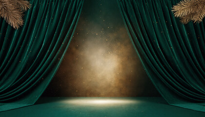 A dramatic velvet curtain background with golden pine needles and spotlight