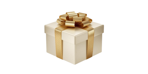 Luxury gold ribbon gift box isolated, festive holiday concept, clean white background