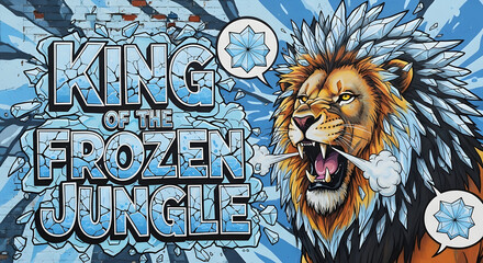 King of the frozen jungle graffiti art depicting a fierce roaring lion with an icy mane, surrounded by shattered ice fragments and impactful text.