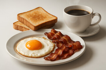 Breakfast Delight: A classic breakfast featuring golden toast, crispy bacon, and a sunny-side-up egg, complemented by a steaming cup of coffee, showcasing the perfect morning meal.
