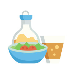 Flat design food items: salad, olive oil, juice