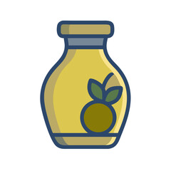 Stylized illustration of olive oil jar with olive detail