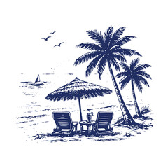 Classic hand-drawn vector illustration of a tropical beach scene with palm trees, lounge chairs, and an umbrella, rendered in a vintage navy blue sketch style for travel and vacation themes. © Chairul