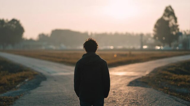 Silhouette of a person standing at a fork in the road