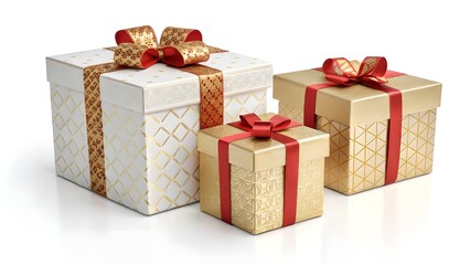 Obraz premium Three festive gift boxes with red and gold ribbons on a white background.