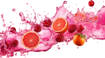 Bright pink juice splash with fruit droplets captured in motion on transparent background