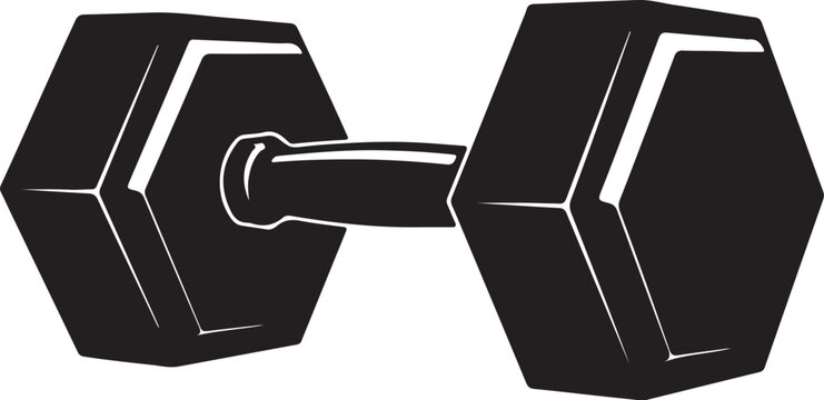 Black silhouette of a classic fitness dumbbell with hexagonal weights for gym workouts, exercise, and strength development