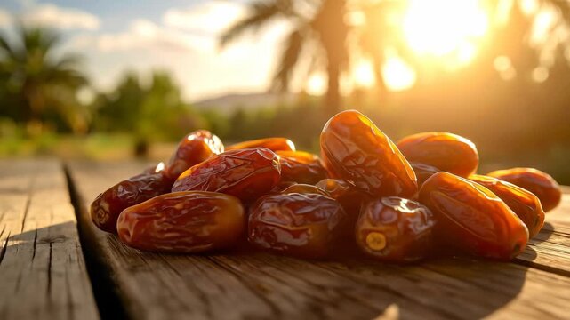 Close Up Shot of a Pile of Brown Dates Placed on a Rough Wooden Table with Backlit Sunlight and Blurry Palm Trees