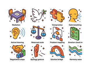 Fototapeta premium Conflict Resolution Icons. Conflict resolution skills. Colorful