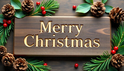 Dark slate sign with gold &ldquo;Merry Christmas&rdquo; text, surrounded by evergreen sprigs; 4K and HD image