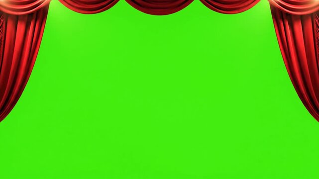 Elegant Red Velvet Stage Curtains Opening to Reveal a Chroma Key Green Screen Background