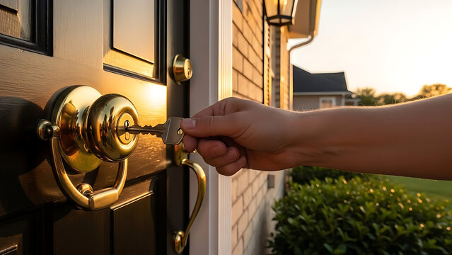 Hand inserting key into door lock during sunset for home entrance. Key turning in lock shows importance of security and home ownership. Concept of new beginnings and welcoming home after a long day.