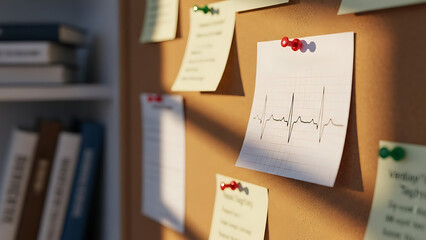 Medical notes on cork board with ECG line and colorful pins. Medical notes include detailed information and graphs pinned on cork board in bright office setting.