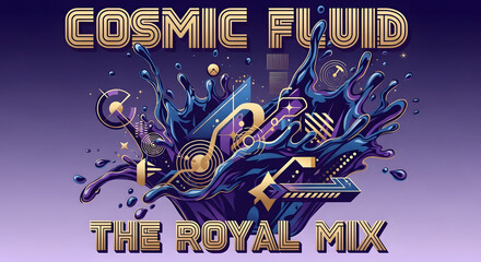 Cosmic fluid royal mix splash with dynamic golden geometric shapes and abstract purple liquid elements, vibrant energetic background illustration design