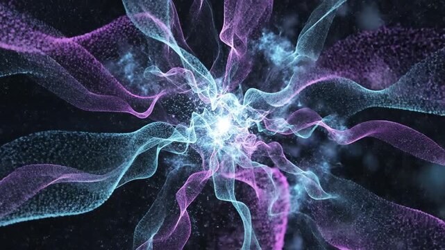 Abstract digital illustration of colorful flowing wave patterns and glowing particles.