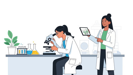 scientists conducting research in a laboratory with microscopes and digital tools for scientific