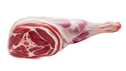 Raw whole leg of lamb cut showcasing rich red muscle fibers and bone structure for cooking preparation