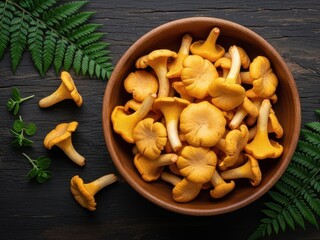 Fototapeta premium A bowl of fresh chanterelle mushrooms on a wooden table with ferns and herbs