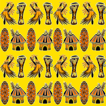 Seamless ethnic pattern inspired by Papua culture featuring bird of paradise, tifa drum, tribal shield and honai house. Ideal for textile, fabric, wallpaper, and surface design.