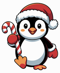 An adorable penguin wearing a Santa hat and holding a candy cane, embodying the joyful spirit of Christmas, delighting audiences with a playful and festive design.