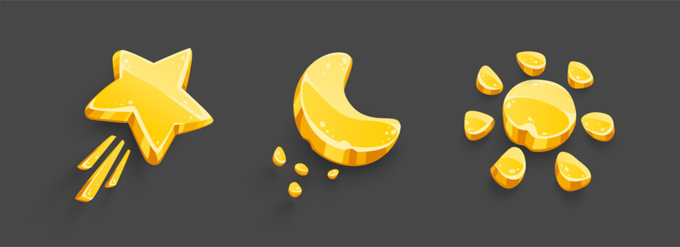 Set of yellow icons. Twincle star flying in the night sky, moon with crumbs and shining sun, Cartoon style night sky weather forecast symbol graphic elements. Vector 3D Illustration Isolated.