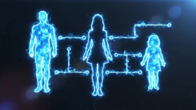 Family tree connection, genetic lineage, and human biological relationships visualized with glowing blue figures