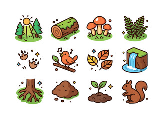 Fototapeta premium Colorful Forest Icons. Forest clearing. Colorful isometric vecto