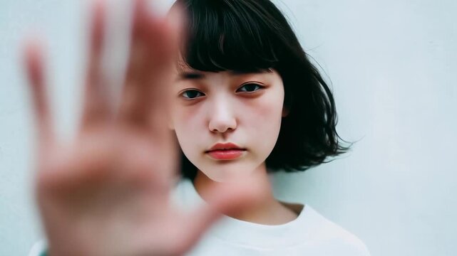 Young woman showing stop gesture with hand in minimalist portrait, Woman against plain background, hand raised close to lens, calm expression