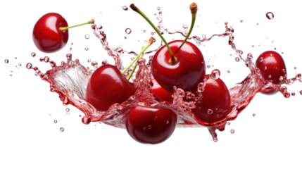 Cherry juice splash with deep red liquid and fresh cherries on transparent background