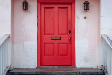 Vibrant red door stands out against a white and pastel pink wall, creating a welcoming entrance to a charming house