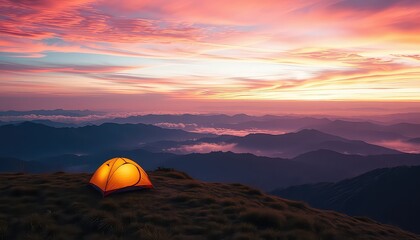 Serene Mountain Campsite Under a Vivid Sunset Sky, Ideal for Adventure Travel and Nature Escapes