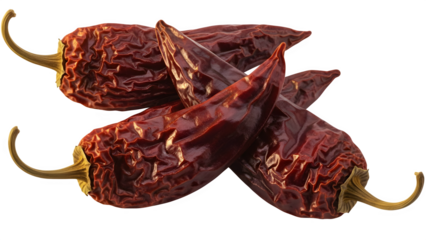 Pile of wrinkled deep red dried chile peppers with curved stems for culinary use