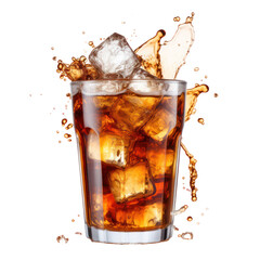 Chilled cola in transparent glass with caramel-colored liquid on transparent background