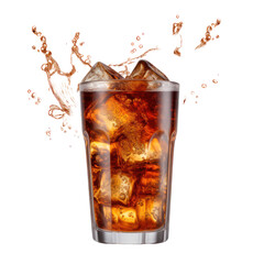 Chilled cola in transparent glass with caramel-colored liquid on transparent background
