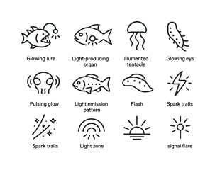 Fototapeta premium Bioluminescent Icons Collection. Aquatic creatures in extreme en
