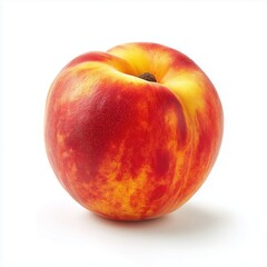 Isolated on bright white background, fresh ripe peach with soft fuzzy skin and warm orange-pink gradient tones. Soft diffused studio light, natural shadows,