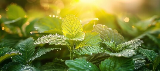 Macro photography of dew kissed green plant leaves illuminated by natural sunlight
