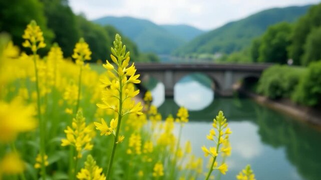 Video A serene scene of a bridge spanning across a river, surrounded by lush greenery and vibrant yellow flowers