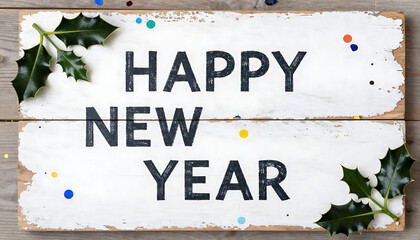 White wooden planks with bold black &ldquo;HAPPY NEW YEAR&rdquo; letters and colored confetti dots; 4K and HD