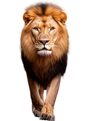 Obraz premium A fierce lion with a deep dark mane walking toward the viewer, emphasizing intensity, strength, and the wild spirit of nature.