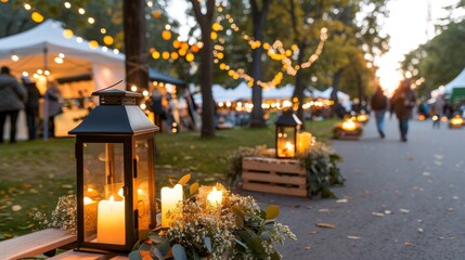 Spooky halloween night market filled with glowing lanterns, food stalls, and colorful visitors